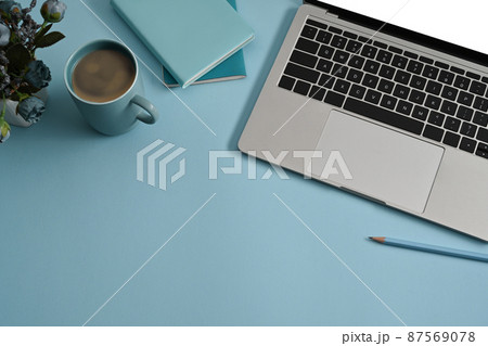 Computer laptop, notebook, coffee cup and potted plant on blue background. Top view. 87569078