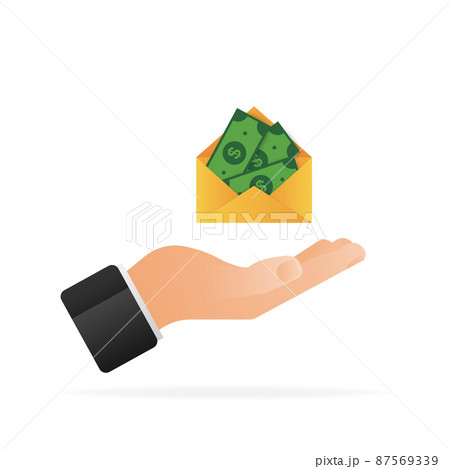 Money in envelope with hand in flat style on white background. Vector flat illustration. Send money 87569339