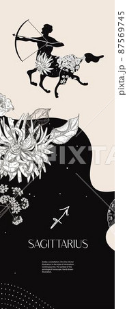 Zodiac sign Sagittarius. Black silhouette with white flowers. Vertical background with zodiac constellations. Zodiac sign Sagittarius. Black silhouette with white flowers. Vertical background with zodiac constellations. 87569745