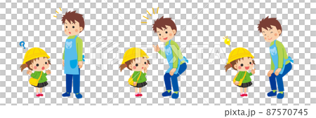 男性保育士に質問をしている幼稚園児の女の子のイラスト　可愛い　人物　全身　白背景　セット 87570745