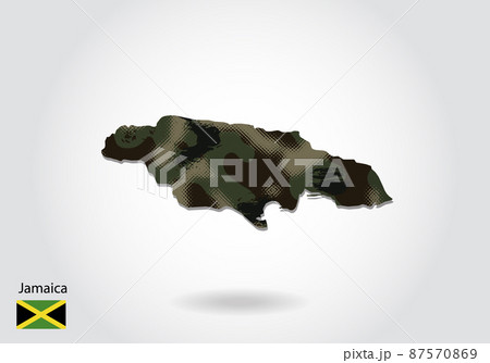 Jamaica map with camouflage pattern, Forest - green texture in map. Military concept for army, soldier and war. coat of arms, flag. 87570869
