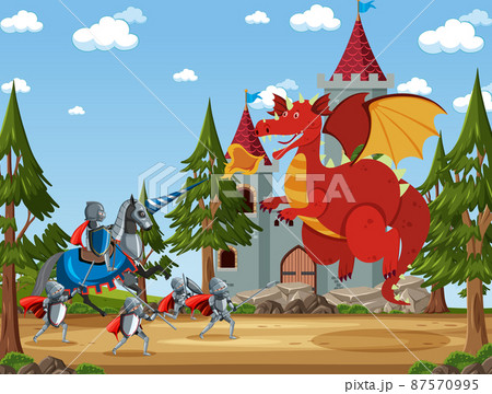Medieval outdoor scene with knights fighting with dragon 87570995
