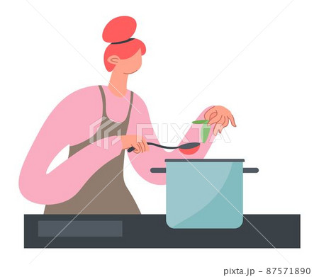 Woman preparing soup, girl cooking meal and eating 87571890