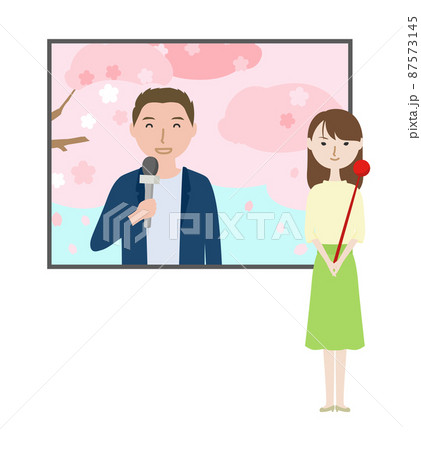 気象予報士と中継先で満開の桜をリポートする男性リポーター 気象予報士と中継先で満開の桜をリポートする男性リポーター 87573145