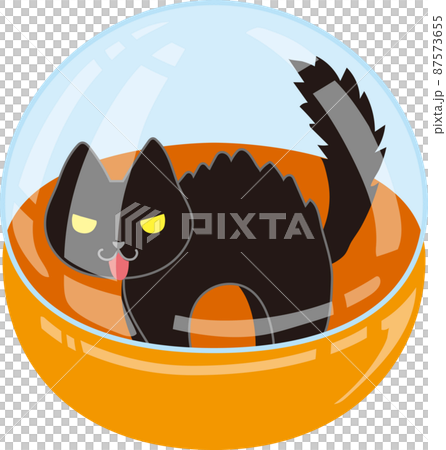 ガチャポンカプセルに入った毛を逆立てた黒猫 87573655