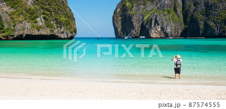Beautiful scenery of Maya Bay beach on Phi Phi island, Krabi, Thailand. landmark, destination Southeast Asia Travel, vacation and holiday concept 87574555