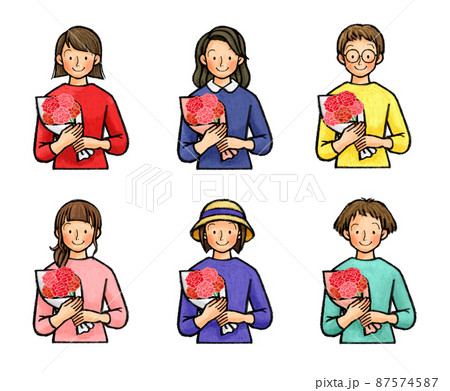 母の日　カーネーションの花束を持つお母さんセット 87574587