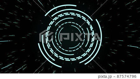 Image of green circular interfaces pulsating and spinning over specks on black background 87574796