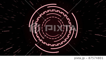 Image of pink circular interfaces pulsating and spinning over specks on black background Image of pink circular interfaces pulsating and spinning over specks on black background 87574801