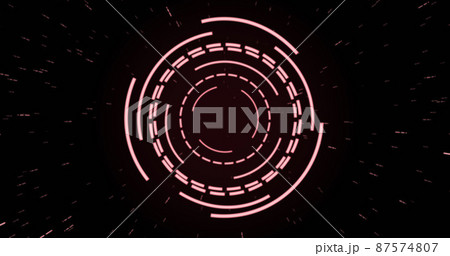 Image of pink circular interfaces pulsating and spinning over specks on black background Image of pink circular interfaces pulsating and spinning over specks on black background 87574807
