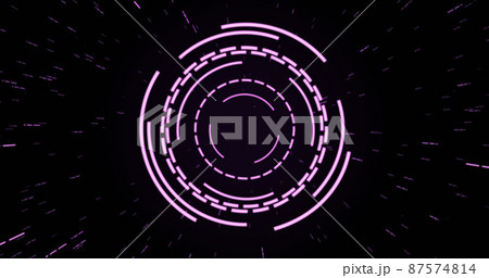 Image of purple circular interfaces pulsating and spinning over specks on black background 87574814
