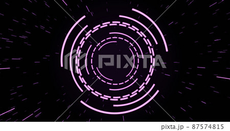 Image of purple circular interfaces pulsating and spinning over specks on black background 87574815