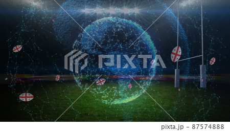 Image of globe over rugby balls coloured with georgia flag at stadium 87574888