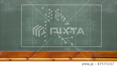 Image of sports tactics over rugby field on chalkboard background 87575337