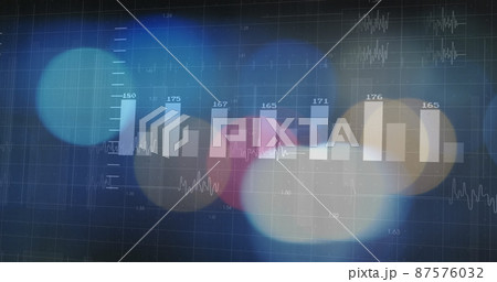 Image of financial data processing over light spots on black background Image of financial data processing over light spots on black background 87576032