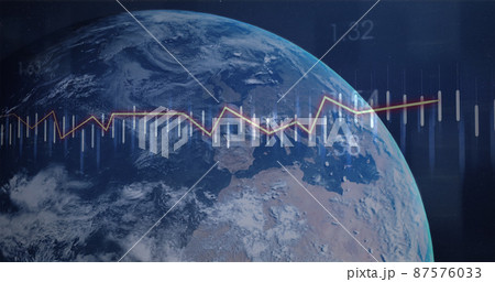 Image of financial data processing over globe on black background 87576033