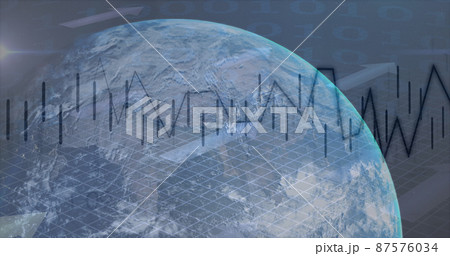 Image of financial data processing over globe on black background 87576034