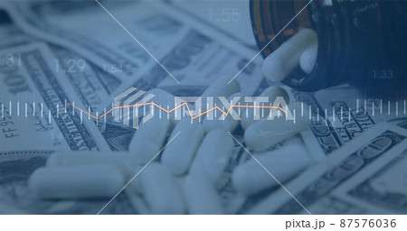 Image of financial data processing over dollars and pills on white background 87576036
