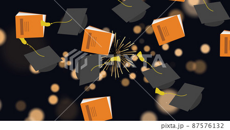 Image of graduation caps and books over fireworks and light spots on black background Image of graduation caps and books over fireworks and light spots on black background 87576132