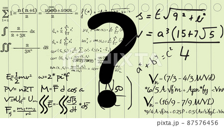 Image of question mark and mathematical equations on white background 87576456