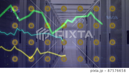 Image of lines processing with online security icons over computer servers Image of lines processing with online security icons over computer servers 87576658