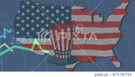 Image of american flag, hat and map with lines and statistics processing Image of american flag, hat and map with lines and statistics processing 87576734