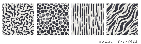 Set of hand drawn vector seamless pattern, abstract shapes. Stripes, curves, dots - randomly scattered repeating elements. Monochrome black and white backgrounds for design. Set of hand drawn vector seamless pattern, abstract shapes. Stripes, curves, dots - randomly scattered repeating elements. Monochrome black and white backgrounds for design. 87577423