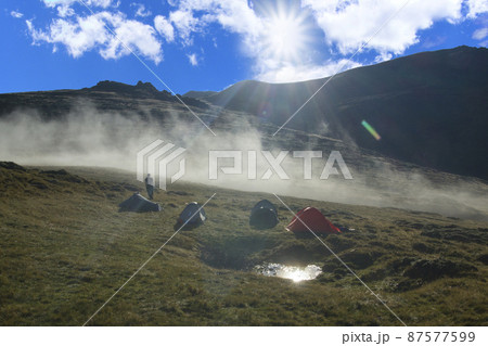 Camping in mountains - scenic view. Rest in the mountains, adventure. Camping in mountains - scenic view. Rest in the mountains, adventure. 87577599