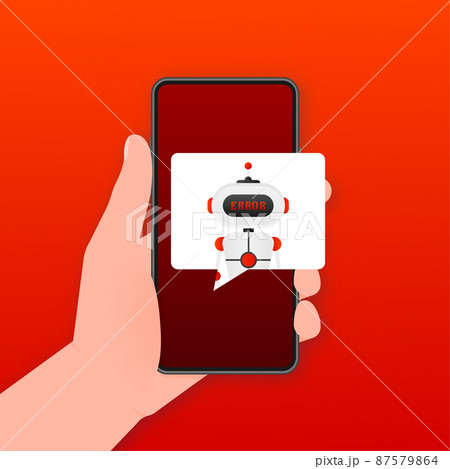 Error chatbot glyph icon. Silhouette symbol. Talkbot with error in speech bubble. Error bot. Artificial intelligence 87579864
