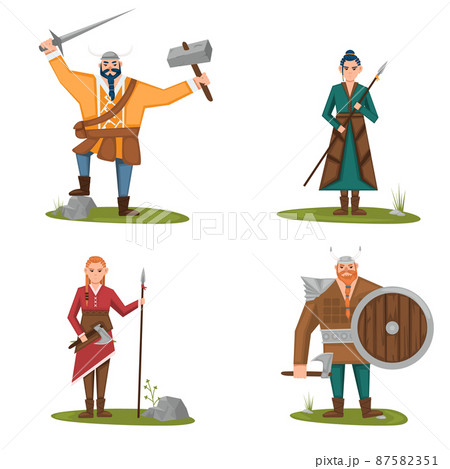 Vikings set of cartoon characters. Scandinavian men, women. Scandinavian mythologyy characters norway costume vikings warrior male and female 87582351