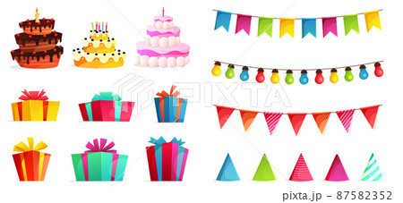 Birthday party isolated elements set with colorful presents fairy lights flags. Colorful balloons, carnival celebration food and candy. Gifts presents, sweet cupcakes and celebration cake. 87582352