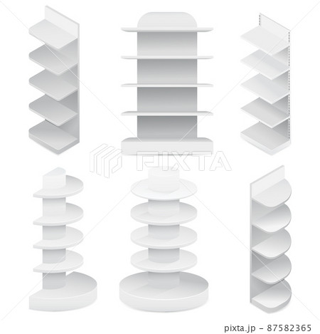 3D realistic supermarket product display shelves. Supermarket and stores 3D furniture. Product distribution equipment. Vector exhibition racking set 3D realistic supermarket product display shelves. Supermarket and stores 3D furniture. Product distribution equipment. Vector exhibition racking set 87582365