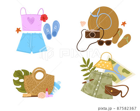 Tourist bag and accessories set. Collection of items for vacation or journey decorated by tropical leaves, shells and flowers isolated. Clothes, accessories, shoes and suitcase for tourism Tourist bag and accessories set. Collection of items for vacation or journey decorated by tropical leaves, shells and flowers isolated. Clothes, accessories, shoes and suitcase for tourism 87582367