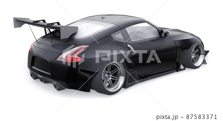 Black tuned sports racing car with arch extensions, air suspension and a huge spoiler. 3d rendering 87583371