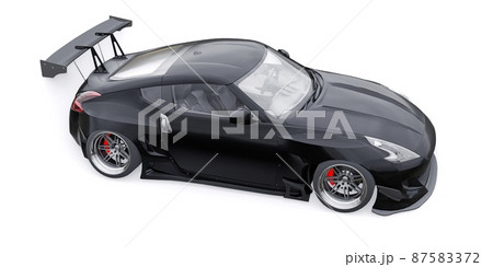 Black tuned sports racing car with arch extensions, air suspension and a huge spoiler. 3d rendering 87583372
