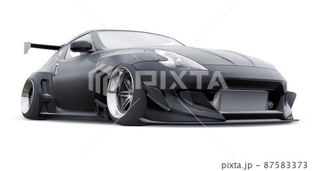 Black tuned sports racing car with arch extensions, air suspension and a huge spoiler. 3d rendering 87583373