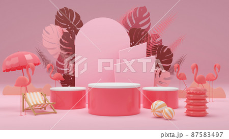 3d rendering box podium palm leaves with summer background. 87583497