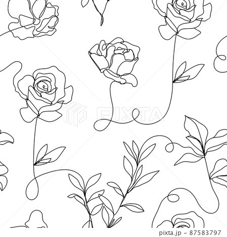 Vector flower linear seamless background, roses and leaves one, continuous line pattern, hand drawn style. Monoline doodle. 87583797