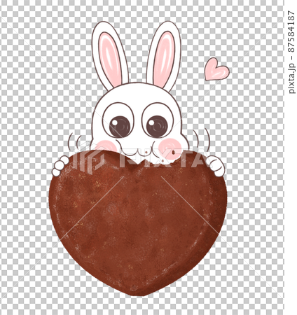 Illustration of a rabbit eating a heart-shaped cocoa die-cut cookie Illustration of a rabbit eating a heart-shaped cocoa die-cut cookie 87584187