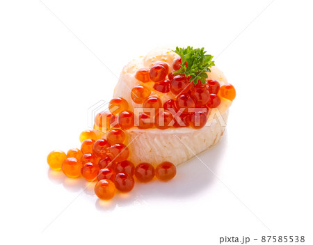 ikura and Engawa Sushi, overflowing sushi on a white background ikura and Engawa Sushi, overflowing sushi on a white background 87585538