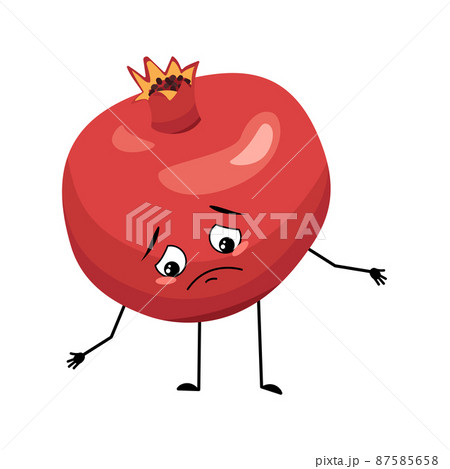 Pomegranate character with sad emotions, depressed face, down eyes, arms and legs. Person with melancholy expression, fruit emoticon. Vector flat illustration 87585658