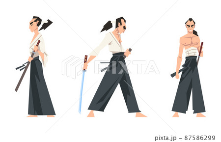 Samurai warriors set. Warlike asian fighters with swords cartoon vector illustration 87586299