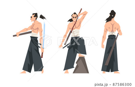 Samurai warriors set. Aggressive asian fighters with swords cartoon vector illustration Samurai warriors set. Aggressive asian fighters with swords cartoon vector illustration 87586300