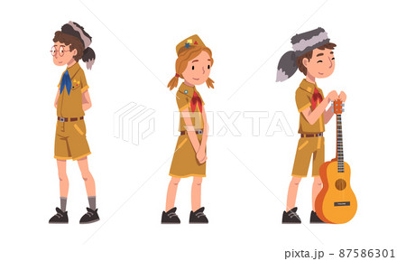 Scouting children set. Cute boy and girls in explorer outfit and coonskin cap cartoon vector illustration Scouting children set. Cute boy and girls in explorer outfit and coonskin cap cartoon vector illustration 87586301