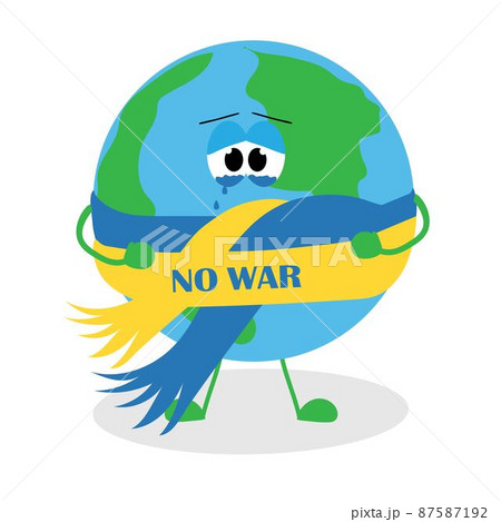 Planet Earth in a scarf with the colors of the flag of Ukraine, crying because of the war. There is no war. Idea blue and yellow concept. Design for a postcard, banner, poster or template. Flat Planet Earth in a scarf with the colors of the flag of Ukraine, crying because of the war. There is no war. Idea blue and yellow concept. Design for a postcard, banner, poster or template. Flat 87587192