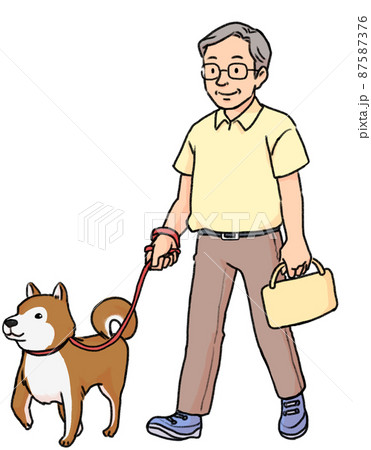 柴犬と散歩を楽しむおじいちゃんの手書き風イラストのイラスト素材