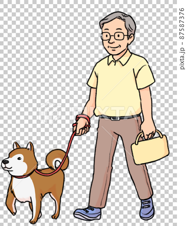 柴犬と散歩を楽しむおじいちゃんの手書き風イラストのイラスト素材