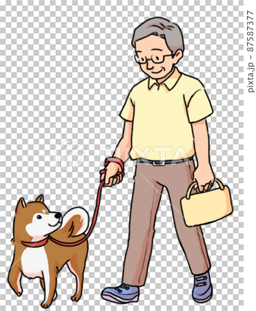 Grandpa and Shiba Inu staring at each other during the walk Grandpa and Shiba Inu staring at each other during the walk 87587377