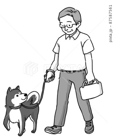 散歩中見つめ合うおじいちゃんと柴犬の手書き風白黒イラスト 87587561