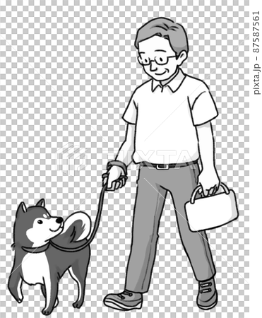 Handwritten black-and-white illustration of grandpa and Shiba inu staring at each other during a walk 87587561